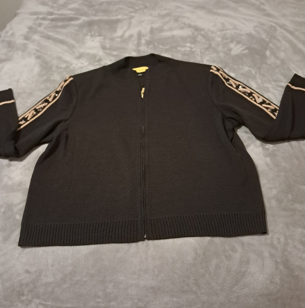 Vintage St. John Wool Blend Zip Cardigan Sweater Leopard Print Trim Knitwear XL.